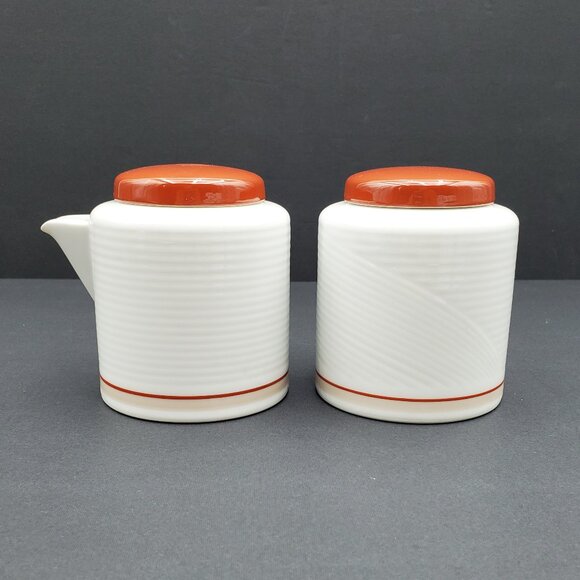 Dansk Tapestries Damask Red Creamer & Sugar Bowl Rust Red Tan Bands on White - Picture 1 of 6